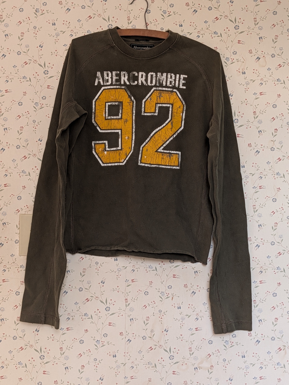 Abercrombie & Fitch Olive Green Crewneck Sweater with Yellow '92' Graphic